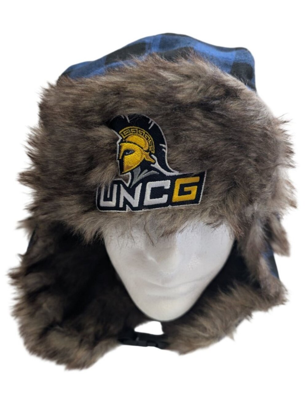UNCG Spartans Trapper Hat Blue Plaid Faux Fur Aviator Earflap Winter Cap